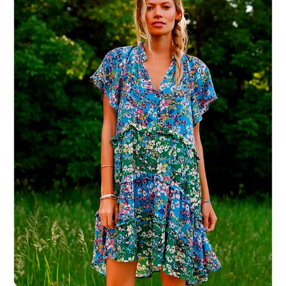 Anthropologie Robin Tiered red yellow floral mini sundress short sleeves Large - Picture 6 of 16